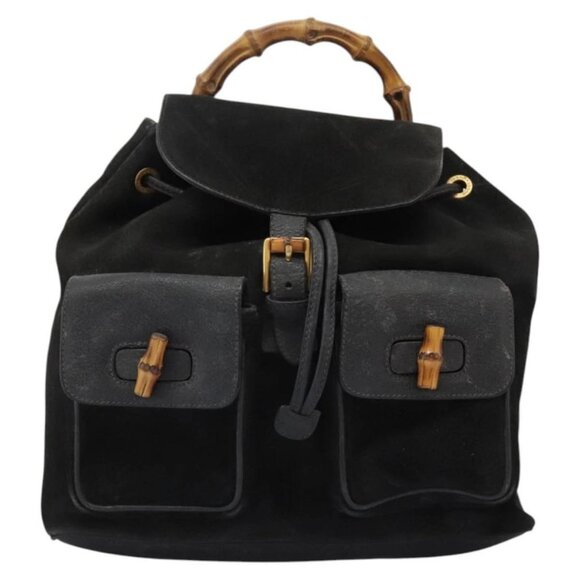 GUCCI Bamboo Backpack Suede Black Gold - Picture 1 of 16